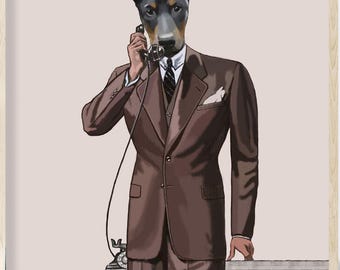 Doberman Art Print, Funny Dog on the Phone, Quirky Wall Art Gift for Pinscher Lovers