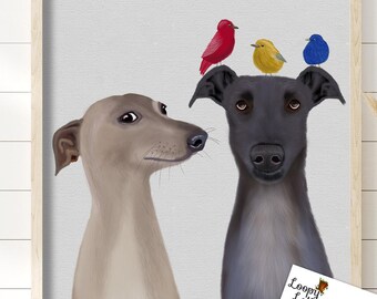Greyhound-kunstprint, Italiaanse windhonden met vogelsWanddecor, Iggy Lovers-cadeau