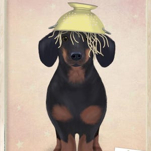 Dachshund Art Print - Funny Doxie with Colander - Kitchen Wall Poster and Nursery Dog Decor