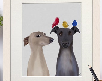 Greyhound art print, Italian greyhound, Iggies dog print, Miniature greyhound, Whippet print, Dog and bird art, Dog wall art Kids room decor