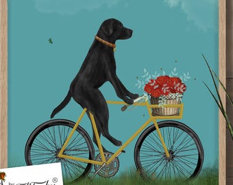 Black Labrador Art Print: Black Lab Dog on Bicycle, Dog Lover Gift
