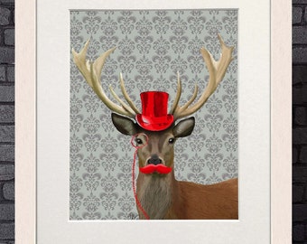 Deer art print, Deer in red top hat moustache & monocle, Funny animal art on canvas or framed print, Stag wall art, Birthday gift Uk sellers