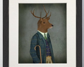 Scottish red deer art print, Highland stag in Celtic clan tartan clothing, Framed art prints by FabFunky, Large canvas art for living room