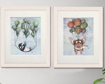 Set di 2 stampe, mongolfiera, pinguino su amaca, maiale volante con ali, arredamento della fattoria dei maialini, regalo per l'asilo nido, tela con illustrazione di arte della parete