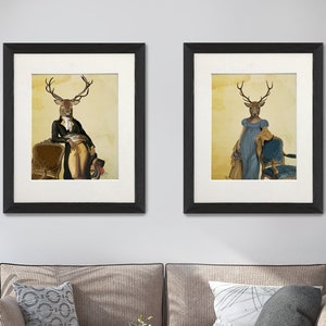 Regency deer set of 2 prints, Deer and chair, Deer in blue dress, Jane Austin style, Stag wall art, Antlers decor, Deer painting, Art gift