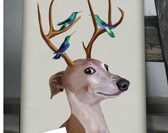 Greyhound Art Print, Whimsical Dog with Antlers, Funny Greyhound Illustration, Quirky Wall Art