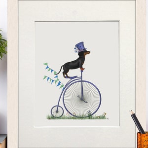 Dachshund print, Dachshund gift, Cute dog print, Dachshund decor, Cycling wall art, Dog on bicycle, Bike art decor, Dog nursery wall art