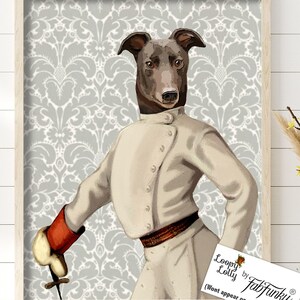 Greyhound Fencer Art Print, Whimsical Pet Portrait