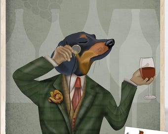 Dachshund Art Print, Wine Snob Dog Holding a Wine Glass, Kitchen Bar Decor Gift