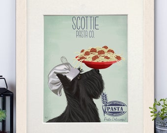 Scottish terrier art, Scottie dog print, Scottie gift, Kitchen print, Kitchen decor, Chef gift, Cute dog poster, Pasta wall art, Foodie gift