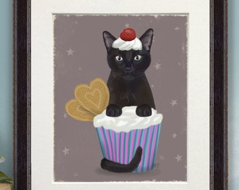 Black cat print, Cute print of a funny cat in a cupcake for kitchen or nursery wall art, Animal lover gift made in the Uk by Fabfunky