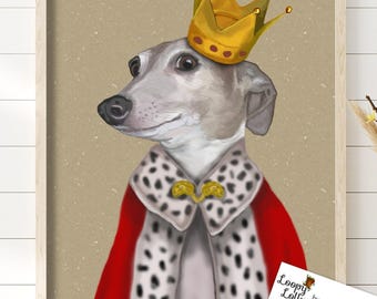 Greyhound Queen Art Print, Whimsical Dog Portrait in Crown, Funny Whippet Wall Art