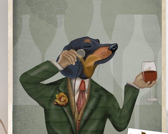 Dachshund Picture , Wine Snob Doxie with Wine Glass, Quirky Bar Wall Art