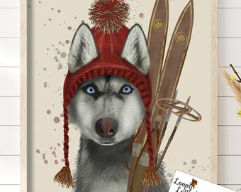 Siberian Husky Skiing Art Print: Winter Lodge Decor