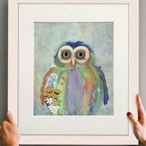 Owl print, Owl painting, Owl art, Bird picture, Colourful bird art, Floral art print, Framed print, Nursery wall art, Canvas art large