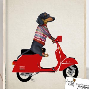 Dachshund Wall Art Print - Cute Wiener Dog on Moped - Funny Doxie Picture for Kids Room or Office Decor