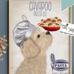Blonder Cavapoo Kunstdruck, wunderlicher Hund mit Nudeln, Geschenk für Hundeliebhaber, für Küche/Wanddeko