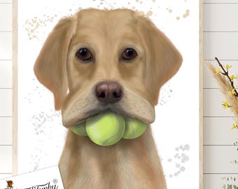 Yellow Lab Art Print, Dog with Tennis Balls