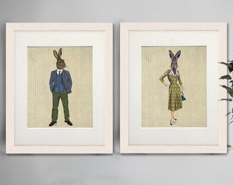 Rabbit couple art collection, Set of 2 prints, Rabbit in suit, Bunny in dress, Woodland animal, Hare illustration, Rabbit nursery decor