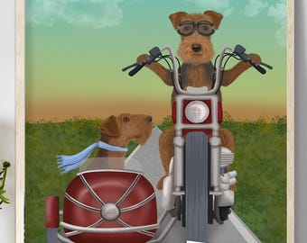 Airedale Terrier Wall Art, Whimsical Dogs on Motorbike with Sidecar, Cute Gift Pet Lover