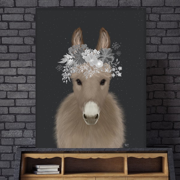 Decor trends - Donkey white flowers - Cute home decor Magical fantasy painting Floral headdress Donkey canvas Wedding gift Bedroom decor