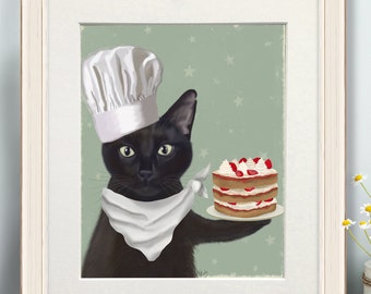 Funny cat print, Black cat art, Foodie gift, Strawberry cake art, Birthday gift, Kitchen wall art, Kids poster, Chef painting, Canvas print