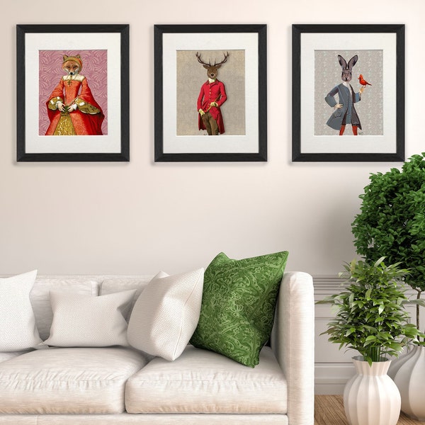 Woodland Kollektion 3 Art Prints, Fuchskönigin, Hirsch in fuchsiafarbener Jacke, Hase und roter Vogel, Vintage Tierdrucke, Kaninchenwandkunst, Hirschbild