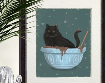 Black cat picture, Cat in mixing bowl, Cat illustration, Kitchen decor, Kitchen art print, Cat owner gift, Funny kitchen poster, Canvas art
