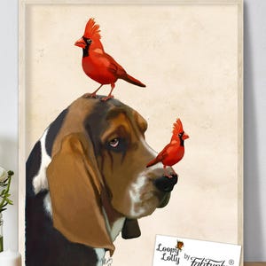 Basset Hound Art Print, Red Cardinals, Dog Lover Gift