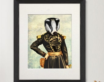 General badger - Military badger, print of a badger dressed in military uniform, Framed or unframed made in the Uk, British badger art