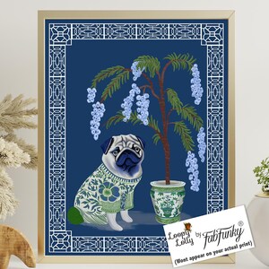 Pug Dog Art Print, Chinoiserie Style Wall Art, Oriental Illustration of Pug