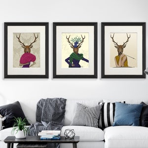 Deer lady collection, Set of 3 prints, Woodland deer art, Womens gift, Stag print, Canvas wall art, Animal illustration, Gifts for her