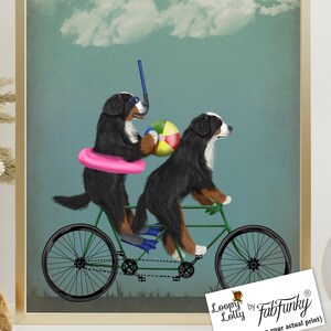 Bernese Mountain Dog Tandem Bike Art Print, Playful Dog Decor