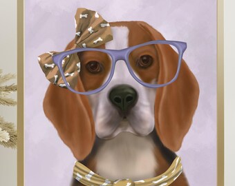 油絵　専用 花冠のかわいいビーグル犬 ビーグル犬のアートプリント、メガネをかけた犬、かわいい犬