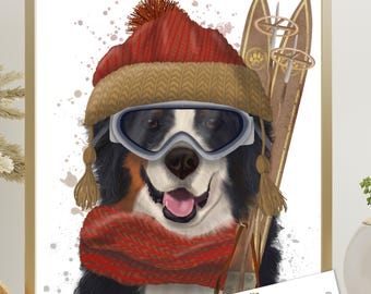 Bernese Ski Dog Art Print, Funny Snow Skiing Wall Art