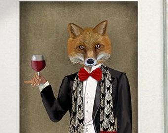 Fox, Bow Tie & Wine Fox print for wine lovers fox wall art housewarming gift hostess gift new home gift fox art print country kitchen print