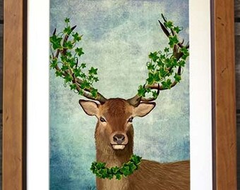 The Green King - Deer Art Deer Print Digital Stag Illustration Wall Decor Wall hanging Wall Art Stag Picture Deer Illustration Painting