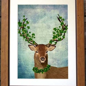 The Green King Deer Art Deer Print Digital Stag Illustration Wall Decor Wall hanging Wall Art Stag Picture Deer Illustration Painting image 1