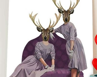 Deer Art Print - Deer Twins in Purple Dresses - Deer print Acrylic Art Original Painting Wall Decor hanging stag gemini gift twin gift