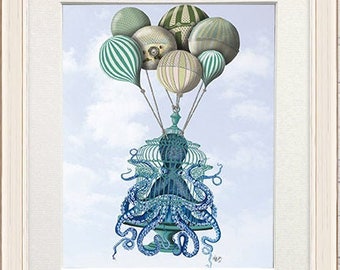 Hot air balloon - Octopus balloons and cage - Balloon artwork Octopus art Squid wall art Octopus tentacle Cute octopus art coastal art print