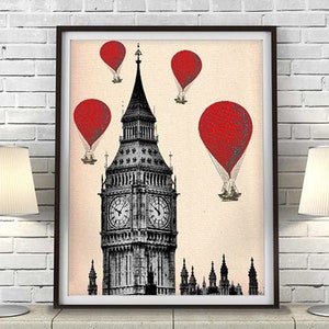Big Ben & Red Hot Air Balloon Print London poster london decor london art british decor london print home office england british image 1