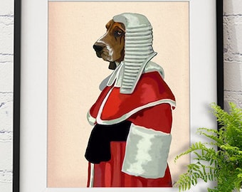Basset Hound art print - Judge Dog Portrait  Basset Hound portrait Illustration Poster Mixed Media Drawing Digital Print Wall Decor Wall Art
