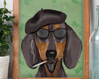 Dachshund Hipster Art Print - Dachshund Wiener Dog dorm decor Canvas Print Black Tan Doxie gift dachshund gift doxie art print hipster