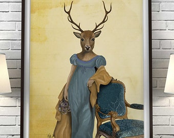 Woodland deer Deer Print Deer in Blue Dress - deer art print deer painting deer picture jane Austen style print bedroom decor gift for wife