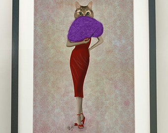 Funny cat print, Painting of a cat in a red dress with a purple fan, Fashion gift for her or bedroom wall decor, Uk made by Fabfunky art