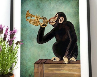 Monkey Print -  Monkey Playing Trumpet - Monkey art modern nursery jungle animal print jungle art safari artwork jungle theme decor