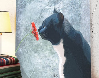 Black Cat Print  Sniffing Flower black cat wall art cat illustration black cat picture cat painting black cat poster cat art wall decor