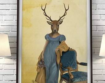Deer Print -  Deer in Blue Dress - deer art print deer painting deer picture jane Austen style print bedroom decor home decor wall decor