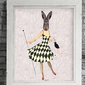 Konijn kunst zwart witte jurk Art Print illustratie poster acryl schilderij giclee dier schilderij muur decor muur hangende kunst aan de muur