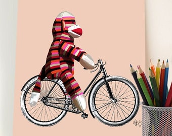 Sock Monkey & Bicycle  Sock monkey room decor sock monkey image Sock Monkey print Sock Monkey art Sock Monkey Decor Sock monkey nursery